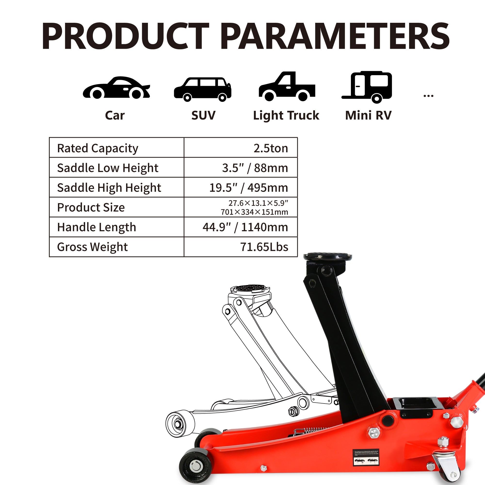 2.5 Ton Low Profile Floor Jack Steel Racing Dual Piston Quick Lift Hydraulic 3.5"-19.5" Lifting Range