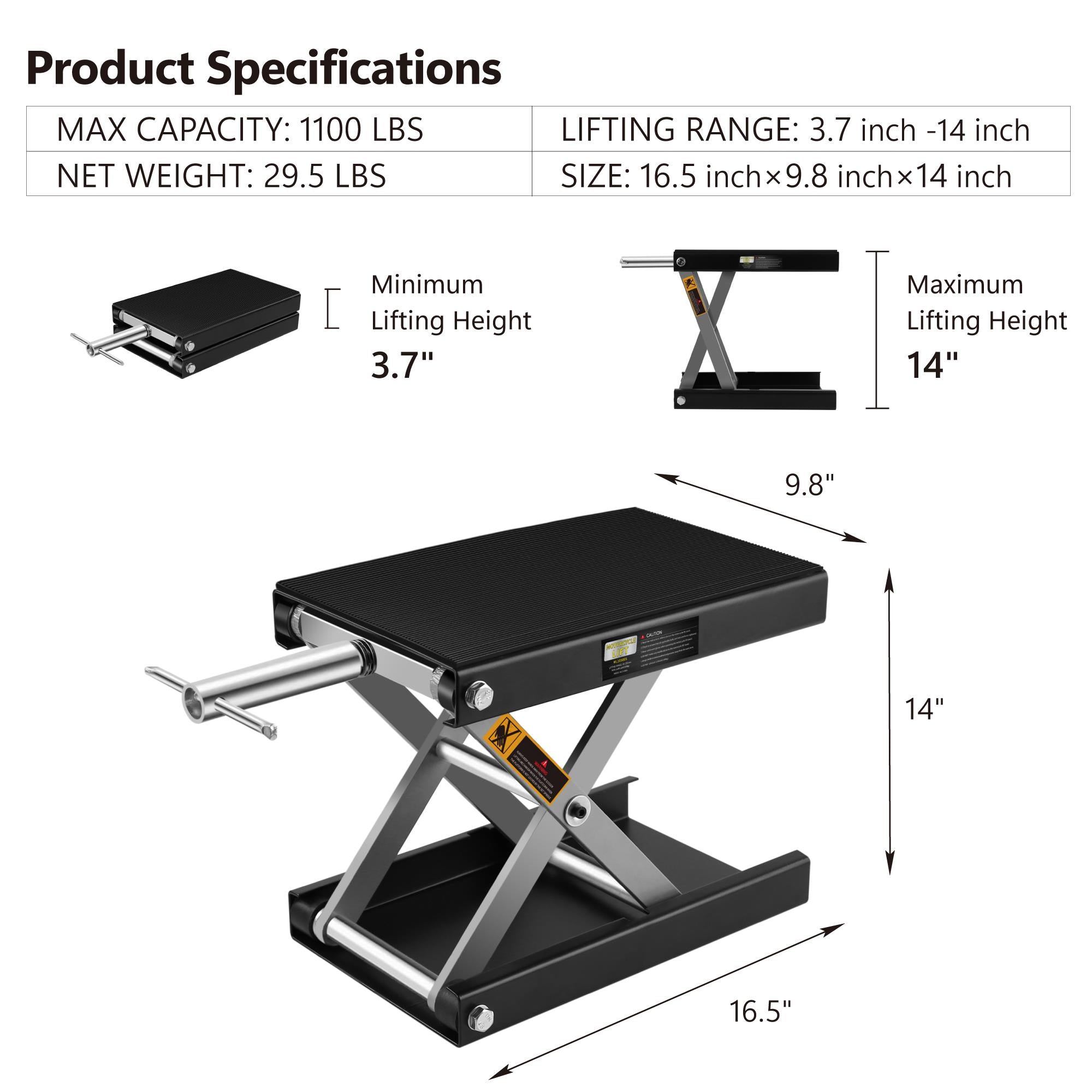 Motorcycle Lift 3.7-14 Inch Motorcycle Scissor Jack 1100 Lbs Capacity Wide Deck