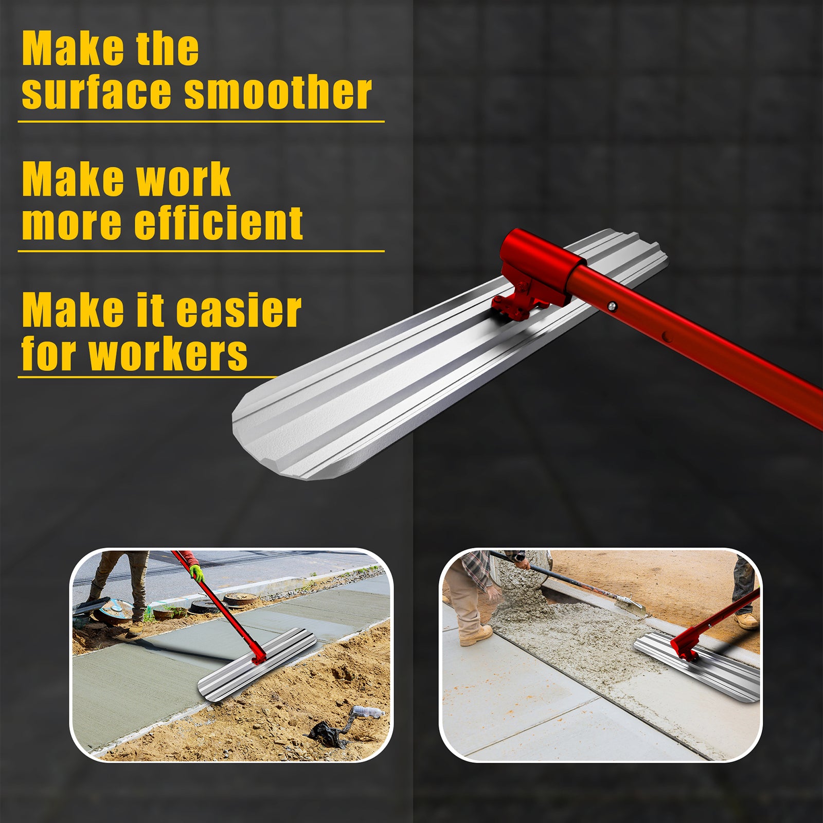 Red 48" x 8" magnesium aluminum alloy concrete trowel with 4 combinable handles