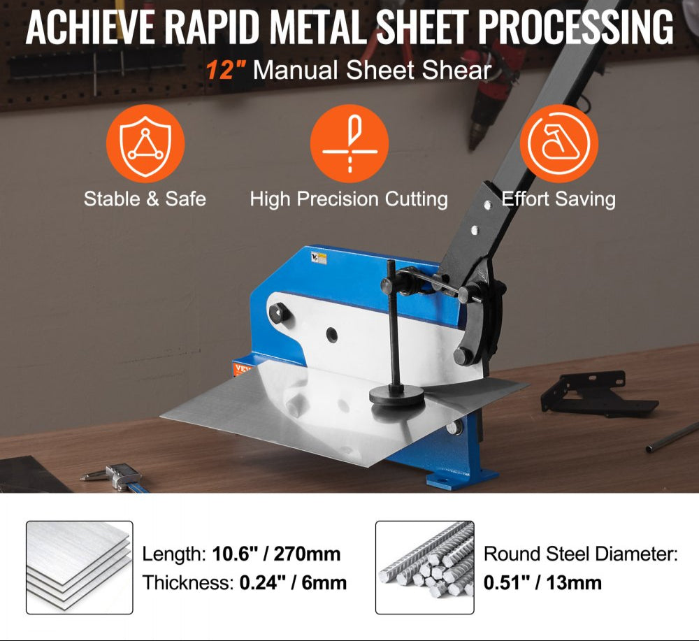 12" Manual Hand Plate Shear for Metal Sheet Processing, HS-12 Benchtop Cutter with Q235 Material, for Crafts Thick Steel Crafting, Heavy Duty Roll Press Machine for Builders, DIY Enthusiasts