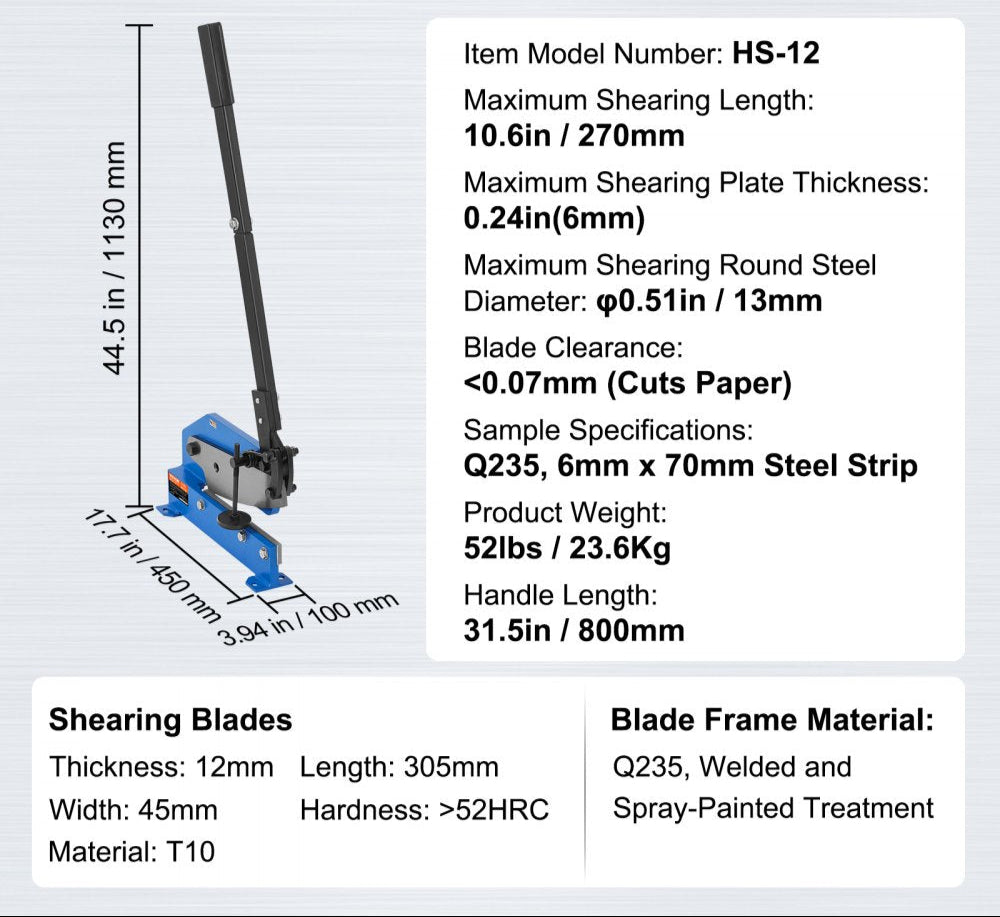 12" Manual Hand Plate Shear for Metal Sheet Processing, HS-12 Benchtop Cutter with Q235 Material, for Crafts Thick Steel Crafting, Heavy Duty Roll Press Machine for Builders, DIY Enthusiasts
