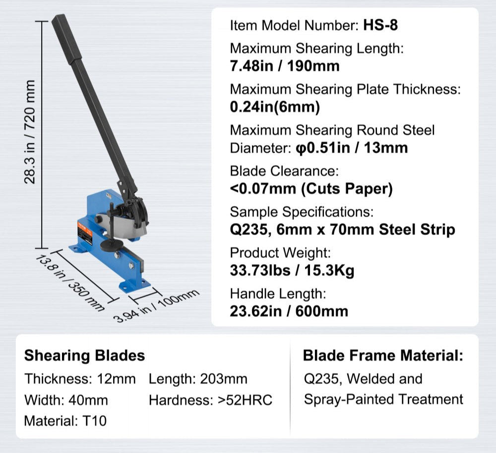 8" Manual Hand Plate Shear for Metal Sheet Processing, HS-8 Benchtop Cutter with Q235 Material, for Crafts Thick Steel Crafting, Heavy Duty Roll Press Machine for Builders, DIY Enthusiasts
