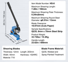 8" Manual Hand Plate Shear for Metal Sheet Processing, HS-8 Benchtop Cutter with Q235 Material, for Crafts Thick Steel Crafting, Heavy Duty Roll Press Machine for Builders, DIY Enthusiasts